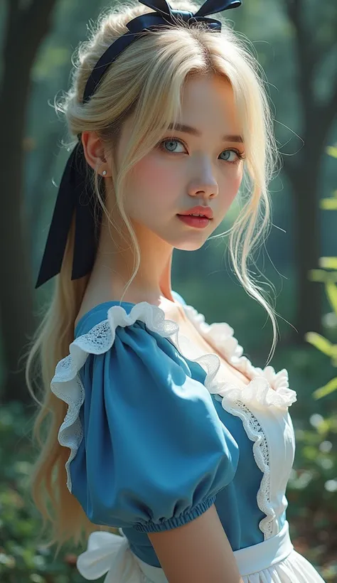 a portrait of pretty Alice, She has big blue eyes, pink lips, fair skin, and light blonde, thick, medium-length hair held back by a black ribbon tied in a bow. Her outfit is a cerulean and light blue short-sleeved knee-length skirted dress with a matching ...