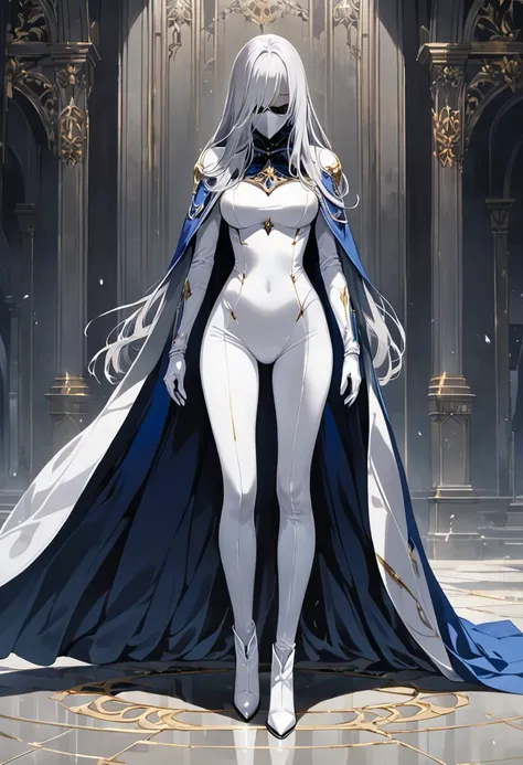 , 1girl, solo, grey full bodysuit, long blue cape, cape touches on ground, white gloves, pants covered boots, black heel boots, grey hair, long hair, white mask covered faces, masterpiece, best quality, standing 