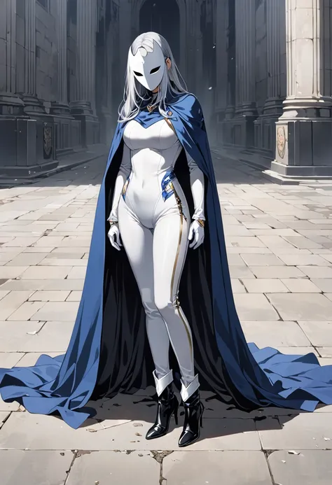 , 1girl, solo, grey full bodysuit, long blue cape, cape touches on ground, white gloves, pants covered boots, black heel boots, grey hair, long hair, white mask covered faces, masterpiece, best quality, standing 