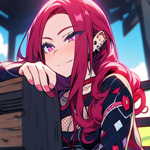 arafed woman with red hair and piercings sitting on a bench, 4k anime style, [[[[grinning evily]]], anime badass 8 k, evil smile...