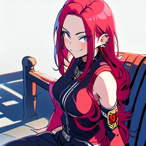 arafed woman with red hair and piercings sitting on a bench, 4k anime style, [[[[grinning evily]]], anime badass 8 k, evil smile...