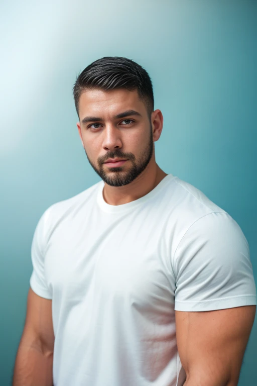 1man, 
a 30 y.o muscular male, small beard, gloomy eyes, blue eyes, undercut haircut, concentrated expression, wearing a shirt, ...