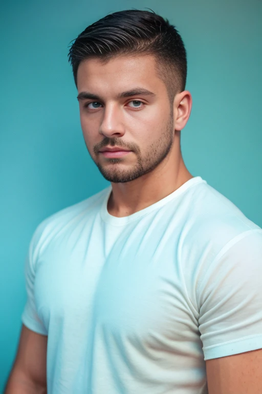 1man, 
a 30 y.o muscular male, small beard, gloomy eyes, blue eyes, undercut haircut, concentrated expression, wearing a shirt, ...