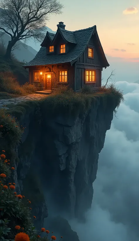 "A small, rustic, and cozy house built with dark wood and stones, perched on the edge of a cliff. The houses lights glow softly in the early evening, with a lit fireplace visible through the windows. The abyss below is shrouded in thick mist, giving a sens...