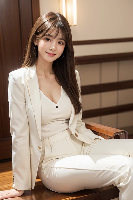 High resolution,bangs, Brown Hair, Long Hair, Brown eyes、chest、D cup、165 cm、
２４age、Beautiful Face、Natural Makeup、smile、White pantsuit、Handbags、company