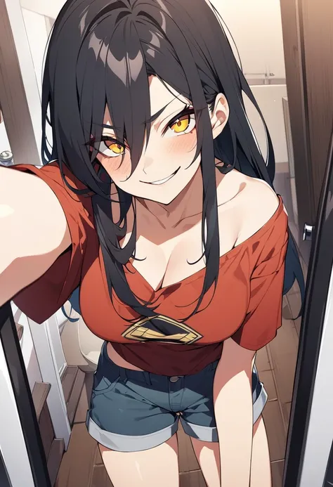 a girl, adult, breasts, quadris, loose shirt, shorts, long black hair, bangs between the eyes, yellow, evil smile, anime, vista selfie