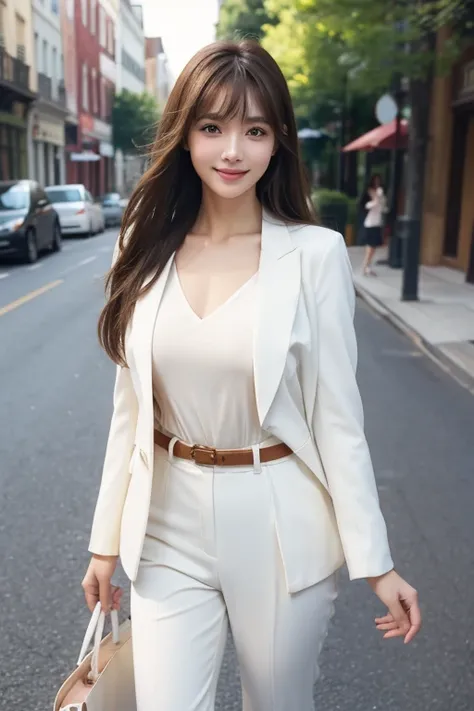 High resolution,bangs, Brown Hair, Long Hair, Brown eyes、chest、D cup、165 cm、
２４age、Beautiful Face、Natural Makeup、smile、White pantsuit、Handbags、Around town