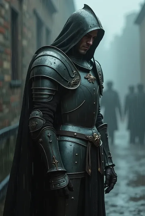 a prompt of a knight in the rain with dark fantasy color style and a knight in full armor sitting or lying less less standing in a melancholic way