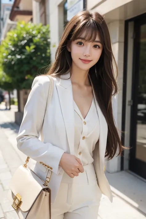 High resolution,bangs, Brown Hair, Long Hair, Brown eyes、chest、D cup、165 cm、
２４age、Beautiful Face、Natural Makeup、smile、White pantsuit、Handbags、Around town