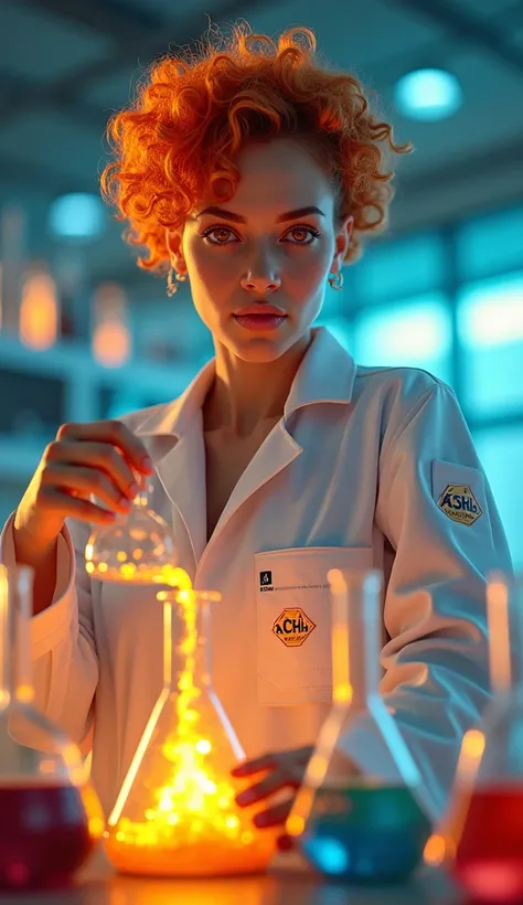 4K realistic style quality, digital photography mode, chemistry-themed female professor, short curly bright orange hair with fiery highlights, glowing amber eyes that flicker like flames, wearing a white lab suit with chemical reaction symbols and flame pa...