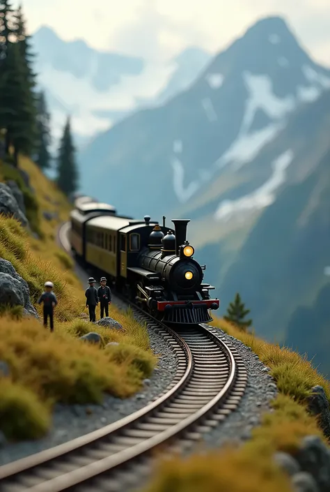 a detailed miniature train diorama crossing the alps, intricate realistic vintage scene, stunning photorealistic hyper detailed 4k, beautiful dramatic lighting, soft muted color palette, cinematic composition, steam locomotive, winding mountain tracks, lus...