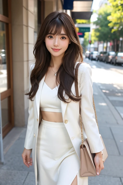 High resolution,bangs, Brown Hair, Long Hair, Brown eyes、chest、D cup、165 cm、
２４age、Beautiful Face、Natural Makeup、smile、White skirt suit、Handbags、Around town