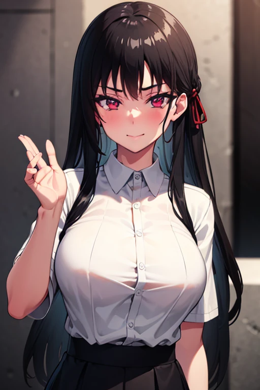 (masterpiece,the highest quality, detailed), a girl, Alone, Interior, night, upper body, Sweat, ahegao, the red eyes, smiling seductively from the ambiance, black hair, Long wavy messy hair,white open chest shirt、A tight shirt、Black skirt, big breasts