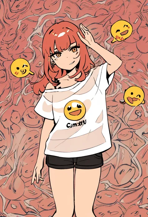 sadie sink camiseta oversized e shorts curtos , com emoji 😝 desenhador na camisa.