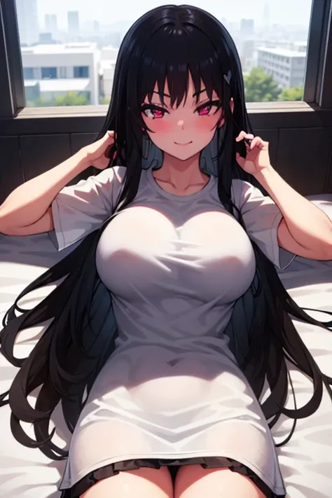 (masterpiece,the highest quality, detailed), a girl, Alone, Interior, night, upper body, ahegao, the red eyes, smiling seductively from the ambiance, black hair, Long wavy messy hair,white open chest shirt、A tight shirt、Black skirt, big breasts, lying in b...