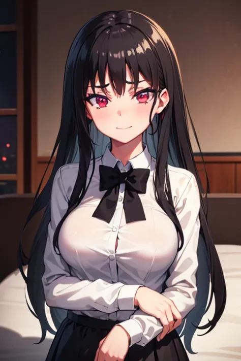 (masterpiece,the highest quality, detailed), a girl, Alone, Interior, night, upper body, ahegao, the red eyes, smiling seductively from the ambiance, black hair, Long wavy messy hair,white open chest shirt、A tight shirt、Black skirt, big breasts, lying in b...