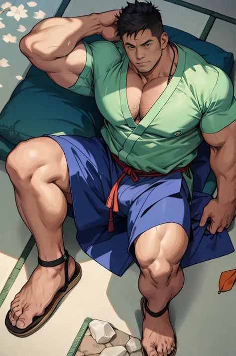 man, full body, big, muscle shirt, sexy, piernon, strong, Japanese, fundoshi. dad, Sandals, high, Lying down, 45 years, Gluteos bigs