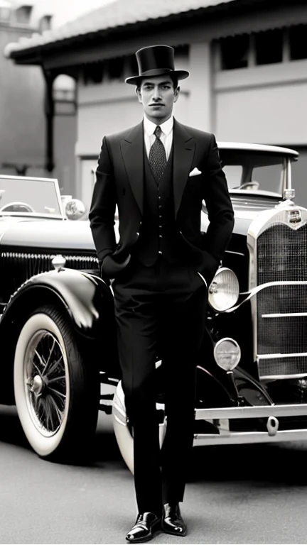 arafed man in a suit and hat standing next to a car, inspired by Ramon Pichot, handsome and elegant, looking regal and classic, classic style, he looks very sophisticated, inspired by Harry Haenigsen, 1 9 3 0 style, 1920s vibes, 1920s style, 1 9 2 0 s styl...