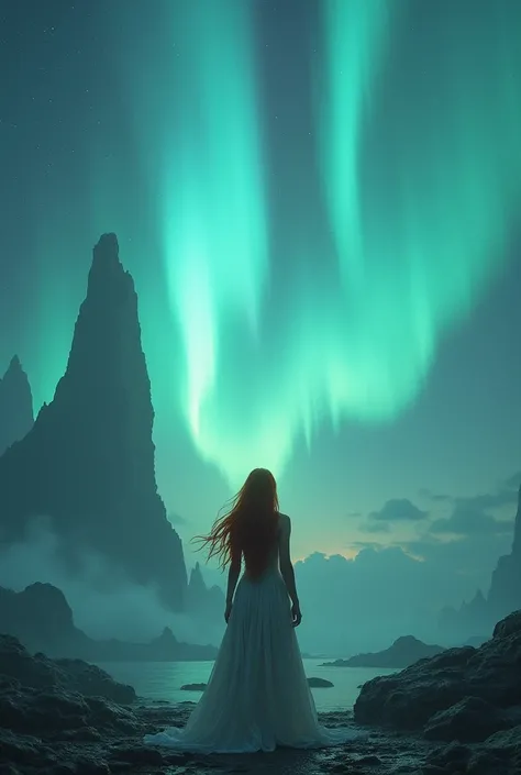 Very fantastic view、Aurora curtains in the sky、A mysterious world like you&#39;ve never seen before、scenery、A super beautiful woman with bronze hair and a really beautiful figure is looking at the sky.、Wonderfully、More realistic imagesRealistic 8k images、P...