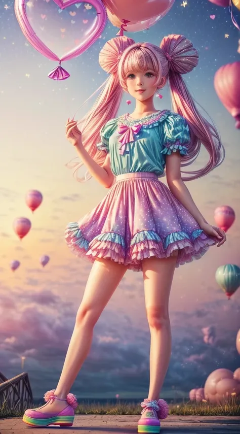 (fullbody, legs and shoes visible: 1.2)) expressive eyes, woman, pale skin, long hair, windblown hair, ((absurdly long hair)), long sidelocks, hime bangs, hair fringe, hair bun, ((very long twintails)), iridescent hair, light pink hair, blushing, full face...