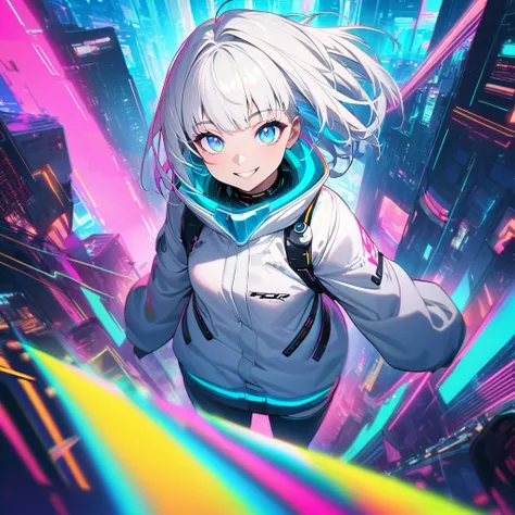 cyber punk,White Hair,Fluorescent White Hair,Fluorescent blue eyes,cyber punk background,Blurred Background,White jacket,Rainbow High Resolution, High detail, Ultra high definition, ((Glowing blue eyes)),Character portrait, Wide-angle shot, smile,((whole b...