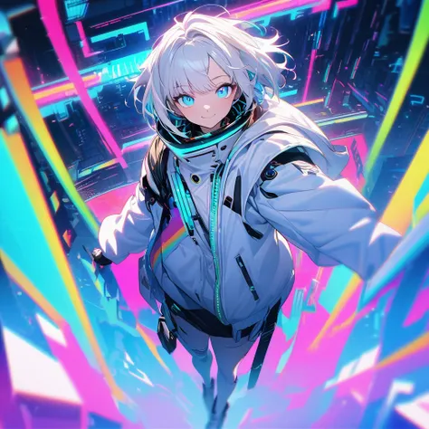 cyber punk,White Hair,Fluorescent White Hair,Fluorescent blue eyes,cyber punk background,Blurred Background,White jacket,Rainbow High Resolution, High detail, Ultra high definition, ((Glowing blue eyes)),Character portrait, Wide-angle shot, smile,((whole b...