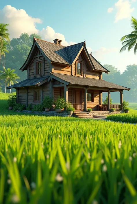 A wooden house made from natural materials in a green rice field, created in a 3D movie style.