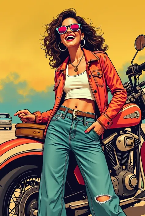 Stylish clothing、shoes、background、Vintage Motorcycle Girl　Happy pose、A cheerful, bright and fun image。　Pop Art