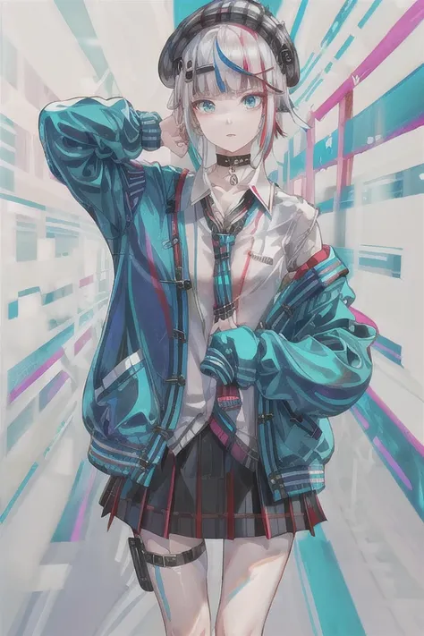 best quality, masterpiece, 1girl, solo,  red gradient streaked hair, short hair, white hair, lily (wacca), black beret, plaid skirt, choker, cyan sweater jacket, collared shirt, black plaid necktie, sleeves past fingers, blunt bangs