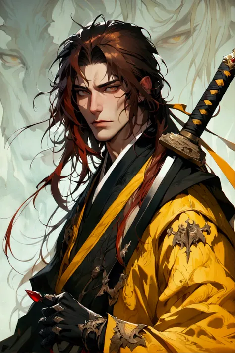 masterpiece, absurdres, ((1 adult man)), ((solo)), ((full body)) portrait of a male samurai in black kimono and yellow haori, he has long auburn red hair, long hair, detailed textured skin, highly detailed brown eyes, vampire hunter, belmont, alucard Castl...