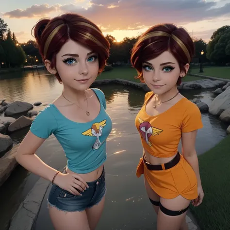 2 beautiful girls , 2 beautiful teenagers , Sunset Shimmer , Luna Loud , Sunset Shimmer  tiene el cabello largo color rojo con mechas color amarillo , luna loud has short brown hair con corte pixie , sexy , happy , color n beautiful smiles , they walk in t...