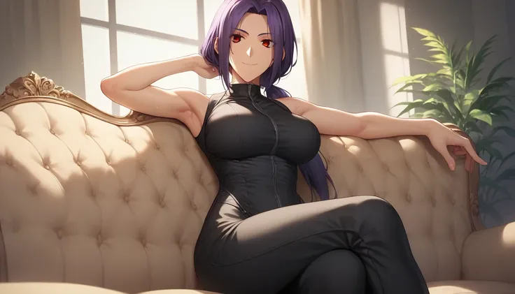 Score_9, Score_8_up, Score_7_up, One Girl,smile, Hirokazu Koyama ,Sweaty,sexy,Pixel Perfect,Large Breasts,Anatomically correct, Masterpiece Highly detailed,8k,indoor,(Fits your body,Black rider suit,Sleeveless,Thin fabric),, Red eyes, ( Long Hair, Purple H...