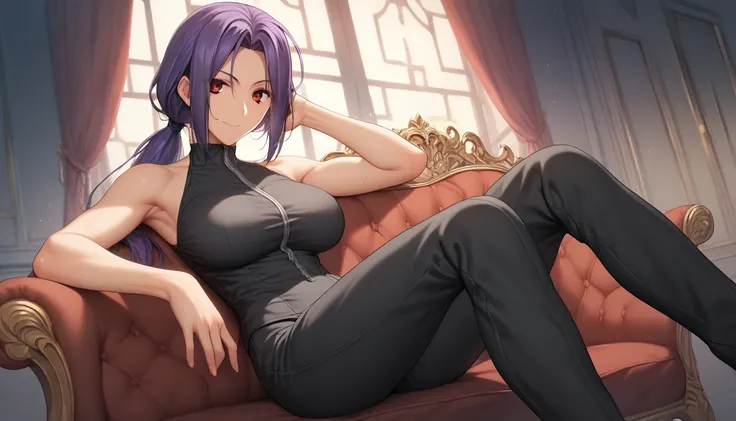 Score_9, Score_8_up, Score_7_up, One Girl,smile, Hirokazu Koyama ,Sweaty,sexy,Pixel Perfect,Large Breasts,Anatomically correct, Masterpiece Highly detailed,8k,indoor,(Fits your body,Black rider suit,Sleeveless,Thin fabric),, Red eyes, ( Long Hair, Purple H...