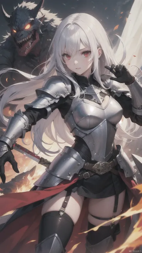 Woman in armor, long hair, white hair, red eyes, two-handed greatsword, monster in the background