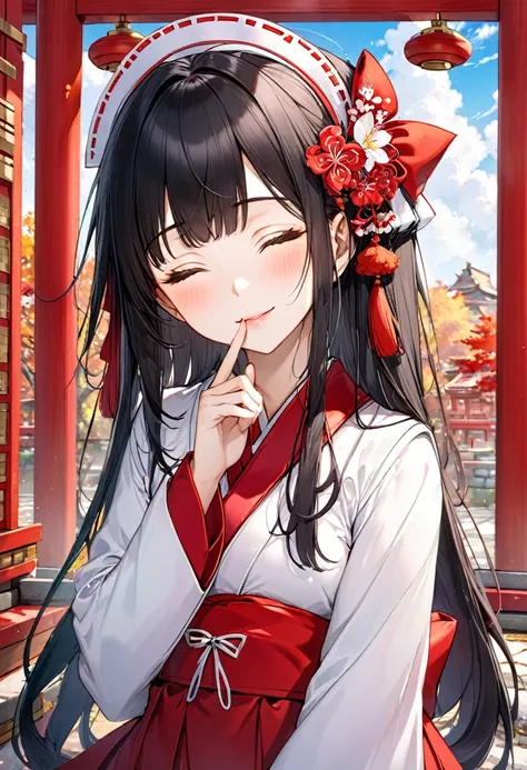 (beautiful and delicate),
(master anatomy) (Index finger to own lips), (pov)
solo:2,
(best beautiful blunt bangs)
(best beauty black hair long hair)
(best sexy shrine maiden girl is 15 yo)
(sexy closed eyes)
(sexy love smile), ((beautiful glossy lip, makeu...