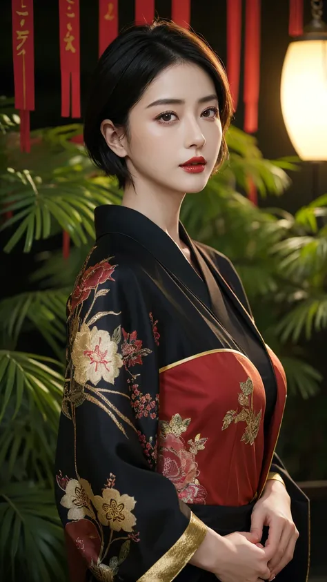 High resolution、masterpiece、Textured Skin、High image quality、超High resolution、Very detailed、woman、Center parted short hair、Red Lip、Large Breasts、sexy、All-black kimono、The background is under the willow tree in the dark night、If you look at this、solo, Look ...