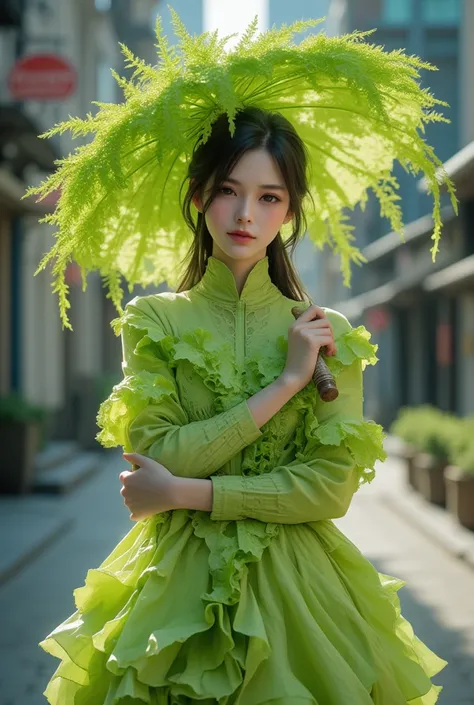 a beautiful woman wearing a lettuce dress, the dress is made of lettuce , posing on the sidewalk, the woman have a umbrella made...