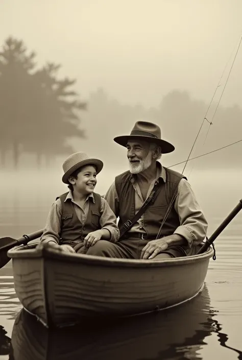 a man wearing a straw hat and fishing vest with his young grandson in a rowboat on a misty early morning lake, both with happy smiles, with a bodyguard rowing the oars, 1900s new york, the godfather, high quality realistic 16k photo, sepia tone