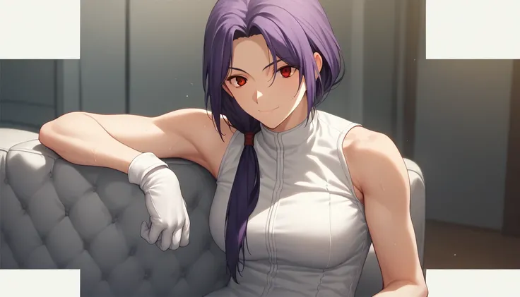 Score_9, Score_8_up, Score_7_up, One Girl,smile, Hirokazu Koyama ,Sweaty,sexy,Pixel Perfect,Large Breasts,Anatomically correct, Masterpiece Highly detailed,8k,indoor,(Fits your body,White rider suit,Sleeveless,Thin fabric),, Red eyes, ( Long Hair, Purple H...