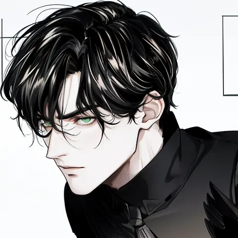 tall male with black shaggy hair, green eyes, fair skin, a Lean build. 190cm tall, korean male, defined muscles, masculine, cold, expressionless, serious, black hair, black hair, black suit and tie, ceo, business man, serious, dark clothing, tanned skin