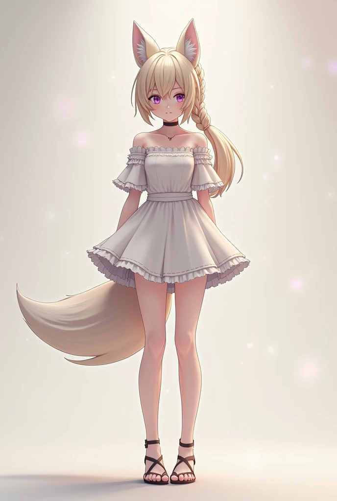 A 20-year-old female, half-white fox, with white fox ears and tail, blonde hair, purple eyes, fair skin, braided long hair in a single pigtail, bangs, wearing a short white dress above the knee, standing facing forward, dignified pose, half-body image, and...