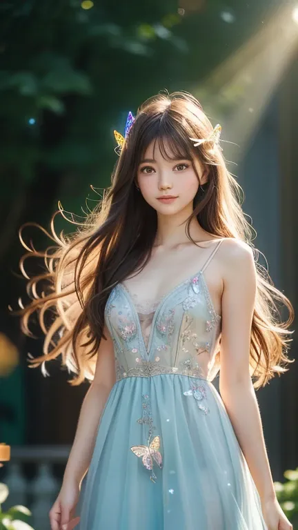 1 girl, masterpiece, Very detailed, ((Cinematic Lighting)), (Shine), ((Dramatic lighting)), ((beautiful delicate Shine)), Intricate details, Lens Flare, blonde, Long Hair, colorful dresses, Butterfly hair accessory, Butterfly, (Particles of light), Put you...