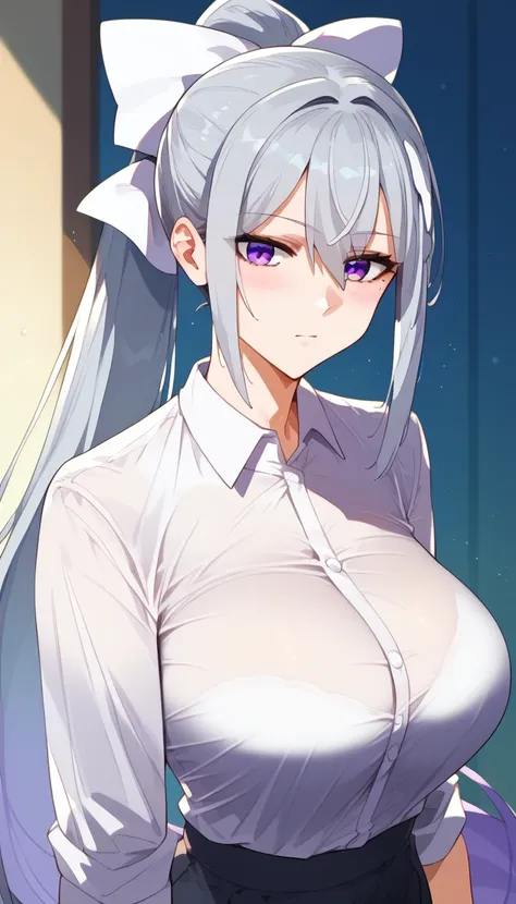 score_9, score_8_up, score_7_up, hk1, purple eyes, grey hair, hair between eyes, long hair,, ponytail, mole, mole under eye, bow...