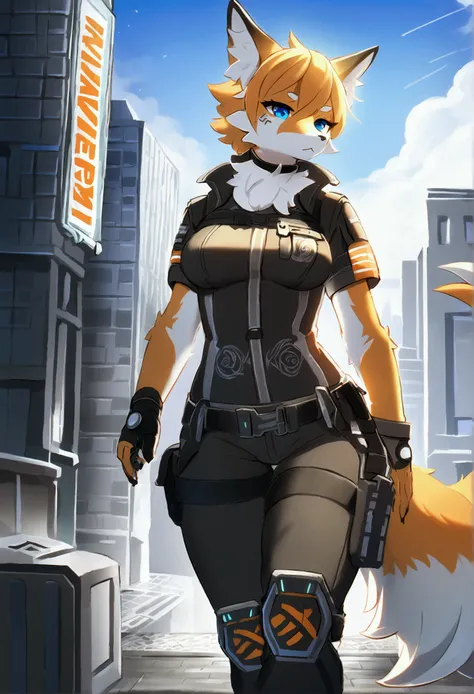 (top quality, best quality, High-quality illustrations, masterpiece, 16k, 1080p, uploaded on e621)(kemono, furry, anthro, alone), The Division, Division Agent, round, 1 female, hot mothegure, very detailed body face and eyes, werefox, fur, fluff, medium br...