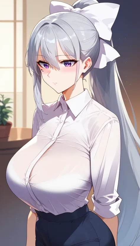 score_9, score_8_up, score_7_up, hk1, purple eyes, grey hair, hair between eyes, long hair,, ponytail, mole, mole under eye, bow...