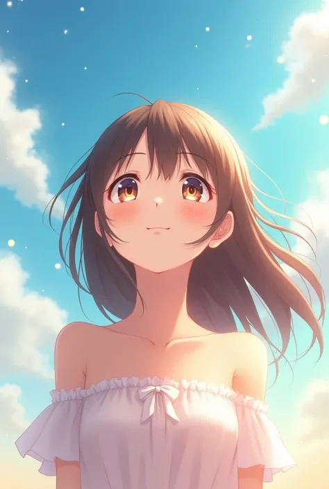 Anime girl smiling looking at the sky 