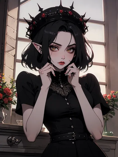 a beautiful woman with demonic makeup and a red floral top standing with her hands on her hips, bob cut, solo, 1girl, heterochromia,elf, yellow eyes,  black hair, hat, bruno bucciarati, lipstick, breasts, short hair, makeup masterpiece, best quality, 1girl...