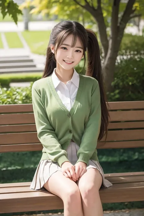 Masterpiece、Best Quality、Super fine、Fine、High resolution、Realistic。

Canadian high school girl。Long straight hair tied in a ponytail with a ribbon、A natural uniform style with a white blouse and green cardigan。The skirt is a knee-length pleated skirt.、Over...