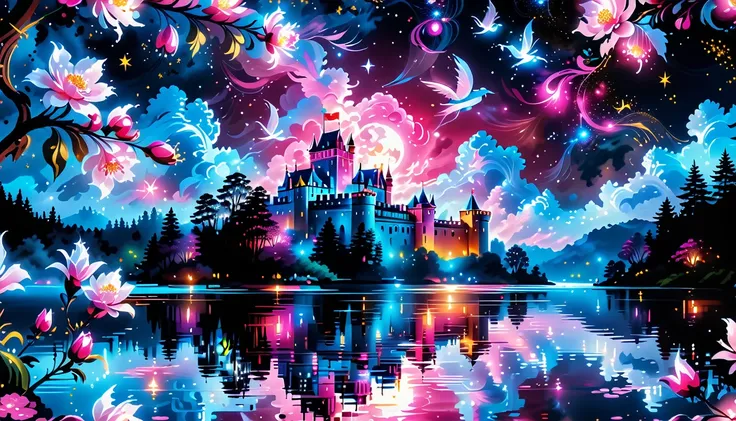 A Masterpiece In 32K Resolution: Supreme Quality, Super Detail, Official Art, Very High-Resolution 32K Wallpaper, Beautiful And Aesthetic, Ultra-Detailed Features, Awe-Inspiring Detail. A Picturesque Scene Of Stunning Castles Illuminated Under A Starry Nig...