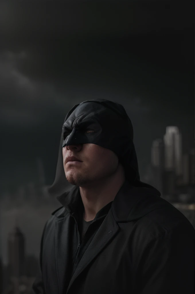 A highly detailed cinematic photograph of Batman, dramatic moody lighting, billowing cape, brooding shadows, stoic pose, vigilant gaze, urban Gotham skyline, gritty textures, monochromatic palette, dramatic angles, intense atmosphere, mysterious ambiance, ...